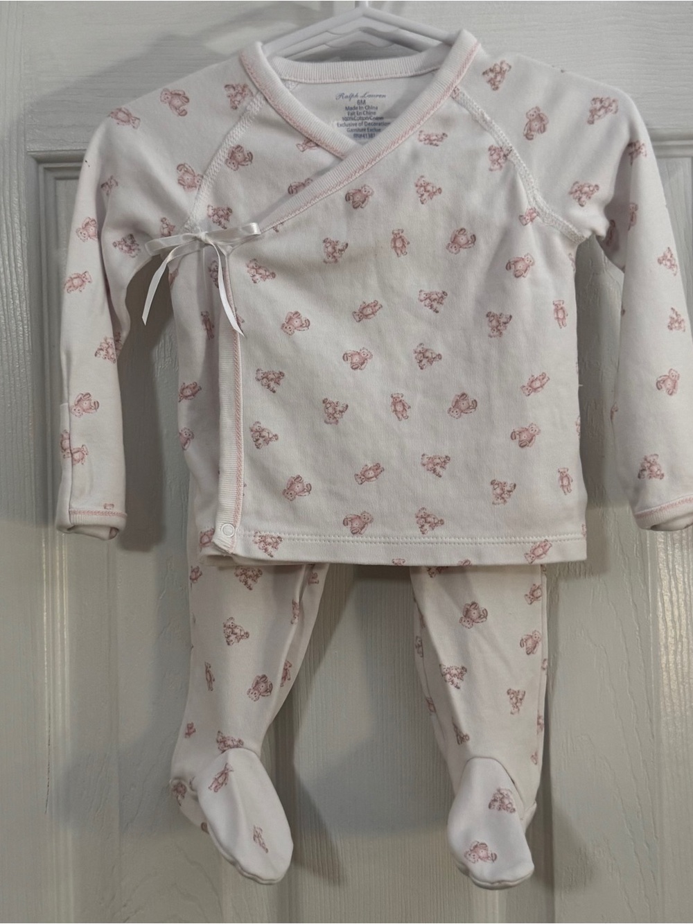 Ralph Lauren Baby Girl White and Pink Teddy Bear Two Piece Kimono Pajama Set